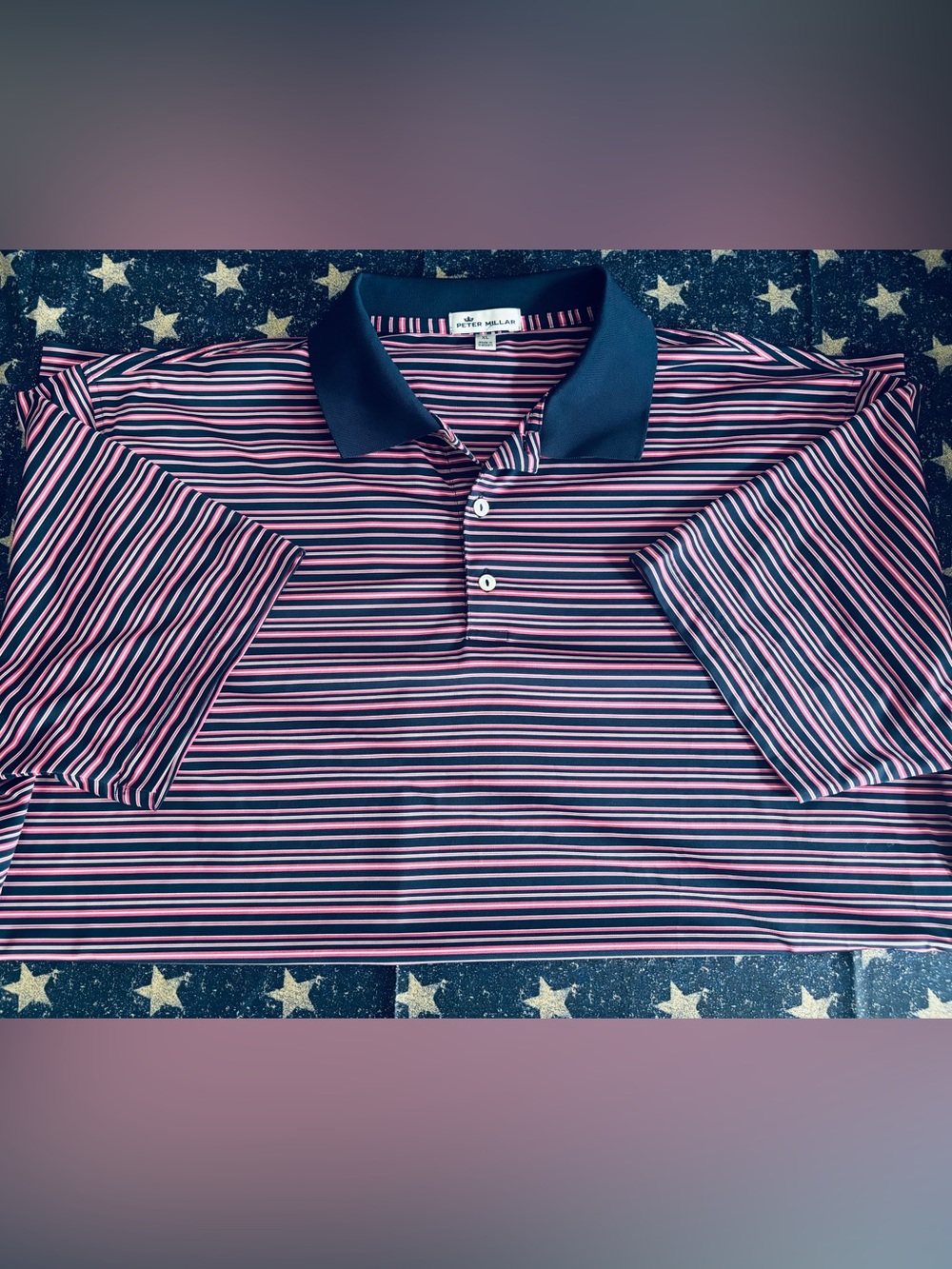 Peter Millar Navy and Pink Striped Golf Polo, XL